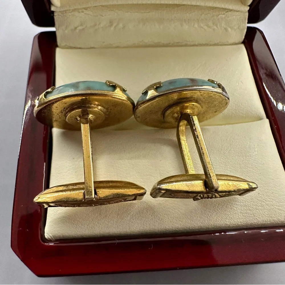 Vintage Blue and Gold Tone Cufflinks and Tie Bar